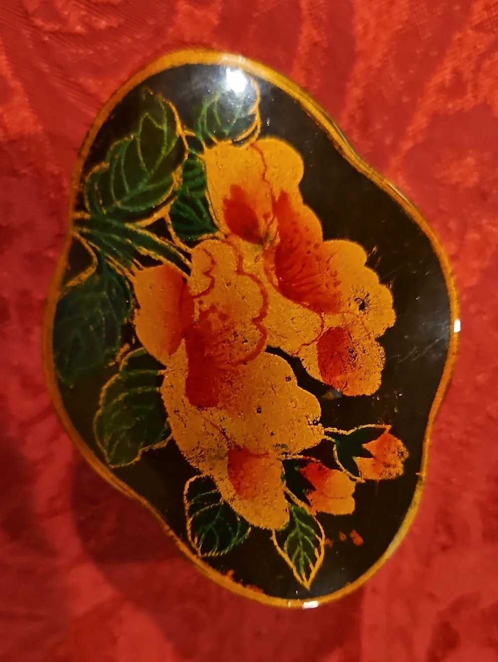 Vintage Asian Black Lacquer Floral Oval Trinket Boxes - Set of 2